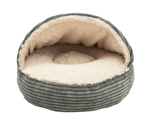 White background with a grey cord and cream plush fabric cat cave pictured with the opening showing the inside. 