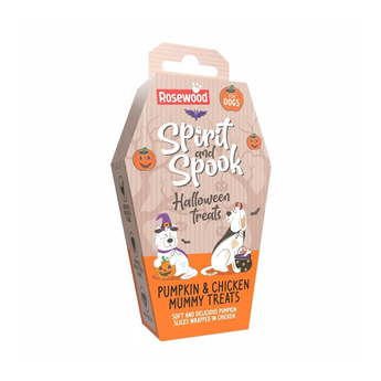 Rosewood Spirit and Spook Halloween treats for dogs in a coffin-shaped package with pumpkin and cartoon dog illustrations.