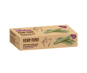 White background with a box of Rosewood Naturals Catnip Sticks, on the box is a illustration of a cat with a photo image of the catnips sticks on the box. 