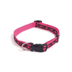 White background with a burgundy dog collar with pink hearts and pink trim. Featuring a black buckle and silver tag loop.