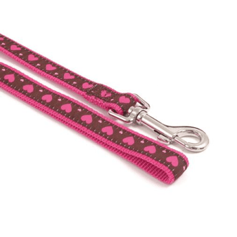White background with a burgundy dog lead with pink hearts and pink trim. Featuring a silver lead clip.