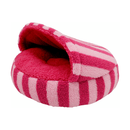 White background with a pink stripy cat cave pictured with the opening showing the inside. 