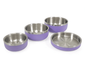 White background with four lilac coated stainless steel Rosewood Premium pet bowls, in four different sizes.