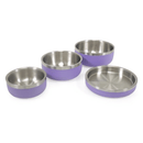 White background with four lilac coated stainless steel Rosewood Premium pet bowls, in four different sizes.