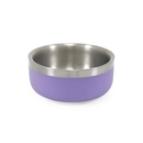 White background with a deep 350ml lilac coated stainless steel Rosewood Premium pet bowl. 