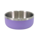 White background with a deep 1200ml lilac coated stainless steel Rosewood Premium pet bowl. 