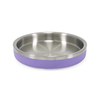 White background with a shallow lilac coated stainless steel Rosewood Premium pet bowl. 
