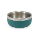 White background with a deep 350ml teal coated stainless steel Rosewood Premium pet bowl. 