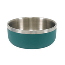White background with a deep 1200ml teal coated stainless steel Rosewood Premium pet bowl. 