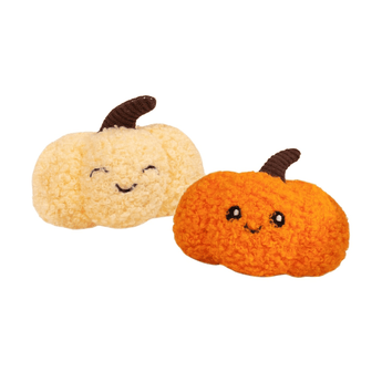 Two plush Rosewood pumpkin-shaped cat toys in cream and orange with dark brown stems, shown on a plain white background.