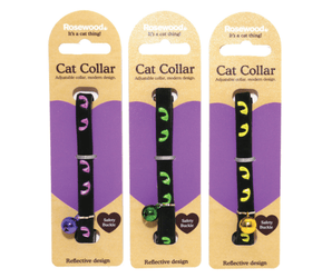 White background with three cat collars backed on cardboard with text 'Rosewood, Cat Collar, Adjustable collar, modern design' The collars are black with reflective cat eyes along the strap in either purple, green or yellow. 