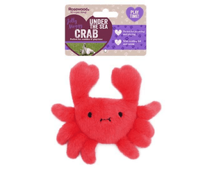 White background with a Rosewood Under the Sea red plush Crab cat toy with a cardboard tag attached at the top. 