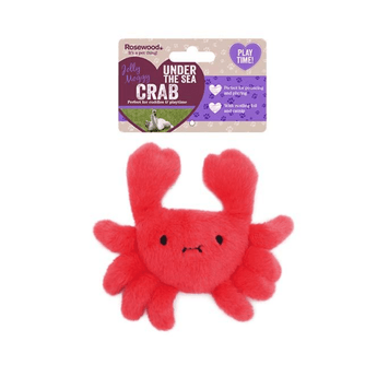 White background with a Rosewood Under the Sea red plush Crab cat toy with a cardboard tag attached at the top. 