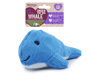 White background with a Rosewood Under the Sea blue and white plush Whale cat toy with a cardboard tag attached at the top. 
