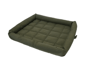 White background with a green water resistant dog crate mattress pictured. 