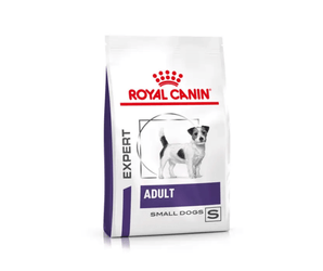 White background with a white bag of Royal Canin Small Adult dog food. 