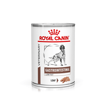 White background with a tin of Royal Canin Gastrointestinal Low Fat Loaf for dogs. A English Setter dog is pictured on the tin with text below reading 'Gastrointestinal, Low Fat, Loaf'. 