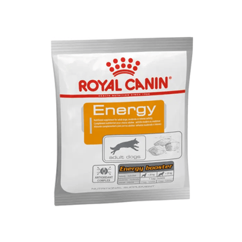 White background with a bag of Royal Canin Energy supplement training treats. Pictured on the packet is an silhouette of an adult dog running and a picture of three treats. Text on the packet also says 'Energy Booster'. 