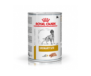 White background with a tin of Royal Canin Urinary S/O for dogs. A English Setter dog is pictured on the tin with text below reading 'Urinary S/O, Loaf'. 