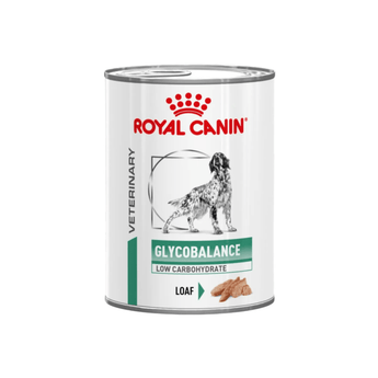 White background with a tin of Royal Canin Glyobalance Loaf for dogs. A English Setter dog is pictured on the tin with text below reading 'Glycobalance, Low Carbohydrate, Loaf'. 