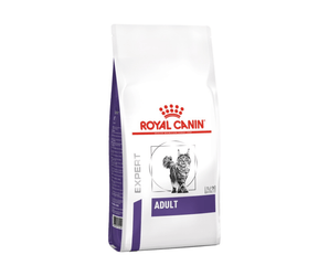 White background with a white bag of Royal Canin Adult Cat. Pictured on the bag is a long haired grey tabby cat. 