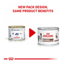 White background with a picture of the old style tin of Royal Canin Recovery Mousse for cats and dogs, with new design tin shown. 