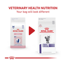 White background with a picture of the old pink and white packaging of Royal Canin Dental for cats, with new design shown below with purple and white packaging. 