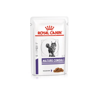 White background with a pouch of wet cat food with an long haired tabby cat pictured on the packet, text on the pouch says 'Royal Canin Expert, Mature Consult, Thin slices in gravy.'