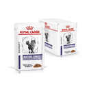 White background with a box of wet cat food pouches with an long haired tabby cat pictured on the box, text on the box says 'Royal Canin Expert, Mature Consult, Thin slices in gravy' In the foreground is a pouch with the same text and style as the box. 