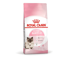 White background with a pink bag of Royal Canin Mother & Babycat. Pictured on the bag is a Ragdoll cat and a kitten, text on the bag states '1-4months'. 