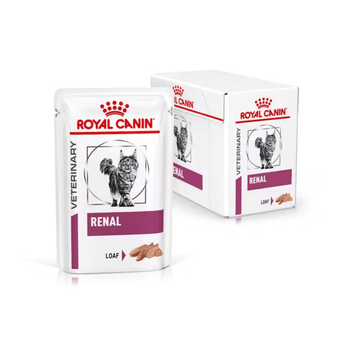White background with a box of wet cat food pouches with an long haired tabby cat pictured on the box, text on the box says 'Royal Canin Veterinary, Renal, Loaf' In the foreground is a pouch with the same text and style as the box. 
