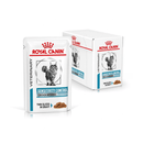 White background with a box of wet cat food pouches with an long haired tabby cat pictured on the box, text on the box says 'Royal Canin Veterinary, Sensitivity Control, Chicken with Rice, Thin slices in gravy' In the foreground is a pouch with the same text and style as the box. 