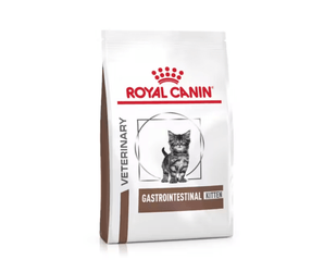 White background with a white bag of Royal Canin Gastrointestinal Kitten dry food.