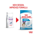 White background with a picture of the old style of Royal Canin Giant Junior dry food, with new design also shown. 