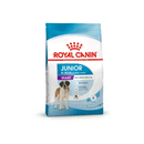 White background with a blue bag of Royal Canin Junior Giant dog food. Pictured on the bag is a young St. Bernard, text on the bag states '8-18/24 months' and 'Giant, Adult Weight over 45kg'. 