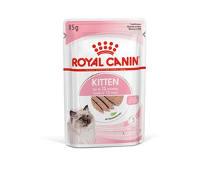 White background with a sachet of Royal Canin Kitten chunks in loaf. Pictured on the packet is a Ragdoll kitten, text on the tin states 'Up to 12 months'. 
