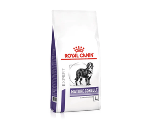 White background with a bag of Royal Canin Large Mature dry dog food with a Burnese Mountain dog pictured on the packet, text on the pouch says 'Royal Canin Expert, Mature Consult. Large Dogs'. 