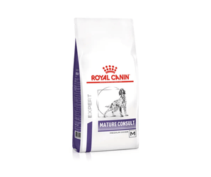 White background with a bag of Royal Canin Medium Mature dry dog food with a English Setter dog pictured on the packet, text on the pouch says 'Royal Canin Expert, Mature Consult. Medium Dogs'. 