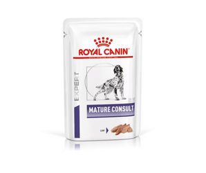 White background with a pouch of wet dog food with an English Setter dog pictured on the packet, text on the pouch says 'Royal Canin Expert, Mature Consult, Loaf.'