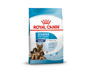 White background with a blue bag of Royal Canin Mother & Babydog. Pictured on the bag is an adult German Shepherd dog and two puppies, text on the bag states '1-2months, Maxi, Adult weight 26 - 44kg'. 