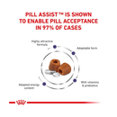 White background with a central picture of two pill assist hollow treats with two pills shown in front. Red text at the top states 'Pill Assist is shown to ensure a daily pill acceptance in 97% of cases. Text around the picture states 'Highly attractive formula, Adaptable form, with vitamins & prebiotics, Adapted energy content'. 
