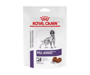 White background with a pouch of Canine Pill Assist treats with a English Setter dog pictured on the packet, text on the pouch says 'Royal Canin Veterinary, Pill Assist. Medium/Large Dog'