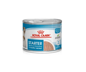 White background with a tin of Royal Canin Mother & Babydog Mousse. Pictured on the tin is a Jack Russell dog and a puppy, text on the tin states '1-2months'. 