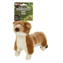 Large brown stoat dog toy with a cream belly and black tipped tail attached to a green cardboard backing with white text 'Forest Friends Sally Stoat' and smaller text saying 'Plush squeaky dog toy'
