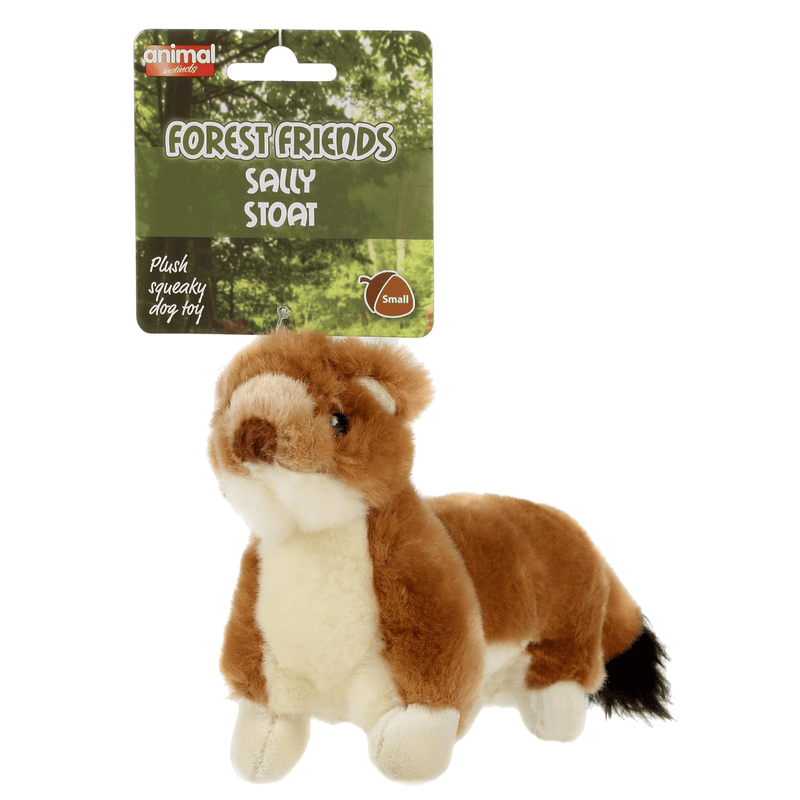 Small brown stoat dog toy with a cream belly and black tipped tail attached to a green cardboard backing with white text 'Forest Friends Sally Stoat' and smaller text saying 'Plush squeaky dog toy'