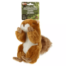 Large ginger squirrel dog toy with a cream belly and fluffy brown tail attached to a green cardboard backing with white text 'Forest Friends Sammy Squirrel' and smaller text saying 'Plush squeaky dog toy'