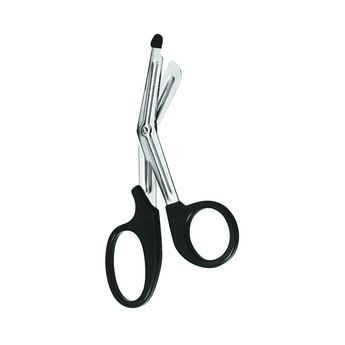 White background with a pair of All purpose scissors with a black rubber tip and black handles.