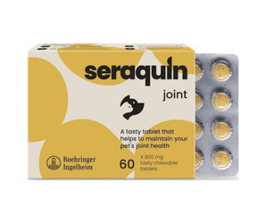 White background with a yellow and cream box of Seraquin Joint supplement. On the packet is a silhoutte of a dog and cat head with additional text 'A tasty tablet that helps to maintain your pet's joint health.'
