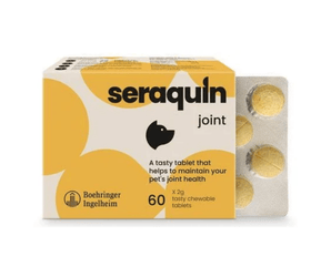 White background with a yellow and cream box of Seraquin Joint supplement. On the packet is a silhouette of a dog's head with additional text 'A tasty tablet that helps to maintain your pet's joint health.'