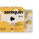 White background with close up of a yellow and cream box of Seraquin Joint supplement. On the packet is a silhouette of a dog's head with additional text 'A tasty tablet that helps to maintain your pet's joint health.'